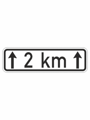Plechové dopravné značky - Dodatkové tabuľky: 2 km + šípka hore