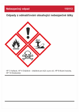 Značení nebezpečných látek a obalů - Bezpečnostní list: Nebezpečný odpad 110113 Odpady z odmašťování....