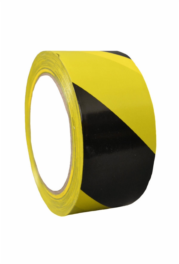 Výstražné profily, pásy a zábrany - Samolepicí pásky: Žlutočerná výstražná páska PVC levá