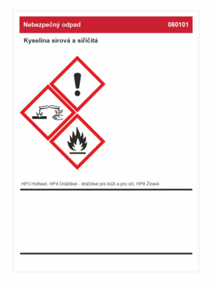 Značení nebezpečných látek a obalů - Bezpečnostní list: Nebezpečný odpad 060101 Kyselina sírová a siřičitá