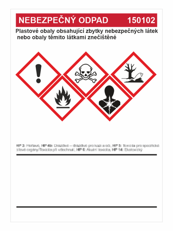 Nebezpečný odpad 150102 - Plastové obaly obsahující zbytky ....
