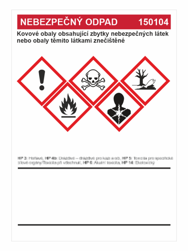 Nebezpečný odpad 150104 - Kovové obaly obsahující zbytky ...
