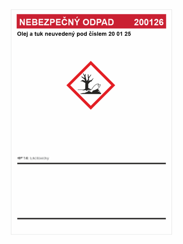 Nebezpečný odpad 200126 -	Olej a tuk neuvedený pod číslem 20 01 25