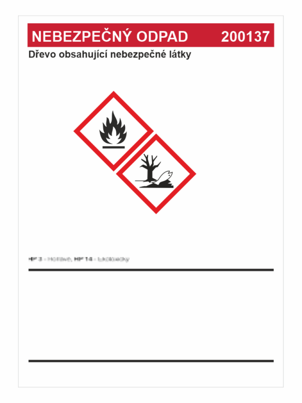 Nebezpečný odpad 200137 -	Dřevo obsahující nebezpečné látky