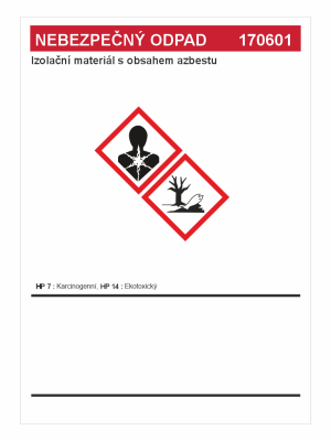 Nebezpečný odpad: izolace s obsahem azbestu, kód 170601; piktogramy karcinogenní a ekotoxický. HP7, HP14.
