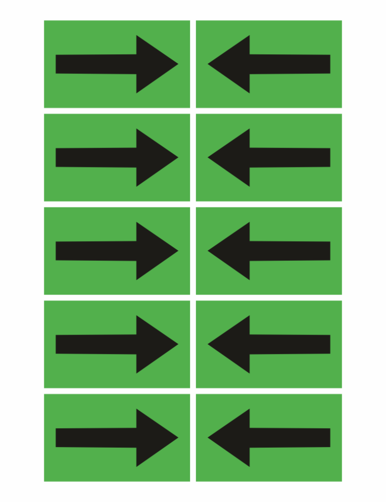 Grid of eight green panels showing bold black arrows: left column arrows point right, right column arrows point left (repeating pattern).