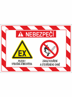 Danger sign: explosive atmosphere warning (EX) on the left and no smoking/open flame prohibit sign on the right; Czech text reads NEBEZPEČÍ and warnings below