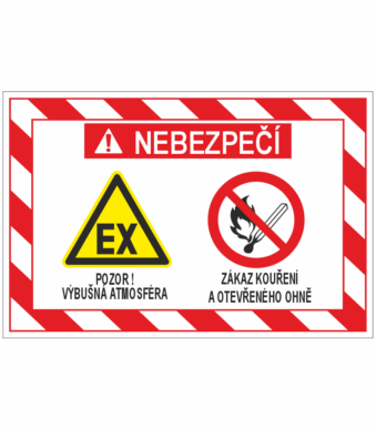 Danger sign: explosive atmosphere warning (EX) on the left and no smoking/open flame prohibit sign on the right; Czech text reads NEBEZPEČÍ and warnings below