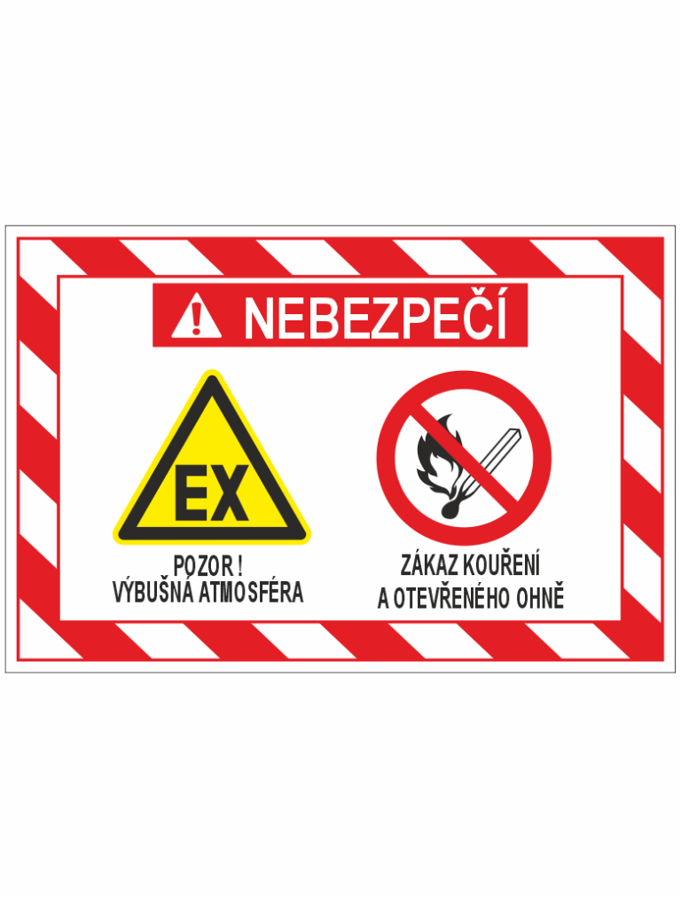 Danger sign: explosive atmosphere warning (EX) on the left and no smoking/open flame prohibit sign on the right; Czech text reads NEBEZPEČÍ and warnings below