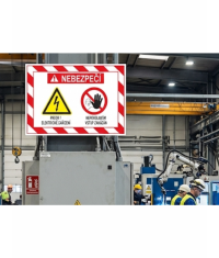 Industrial workshop with a large danger sign reading 'Nebezpecí,' showing electrical hazard and a 'do not enter' hand symbol, workers in hard hats nearby.