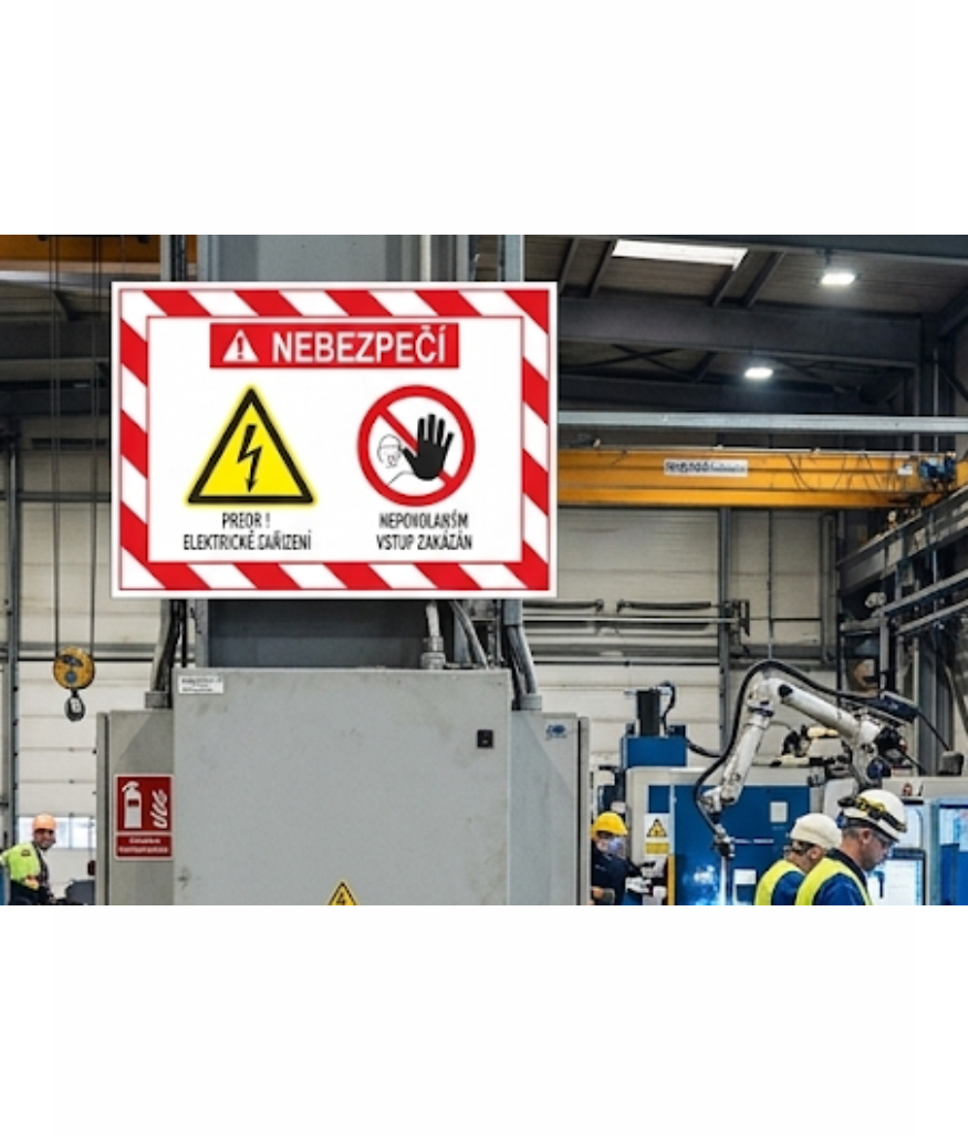 050103-1 | KRIŽAN - safetyshop Industrial workshop with a large danger sign reading 'Nebezpecí,' showing electrical hazard and a 'do not enter' hand symbol, workers in hard hats nearby.