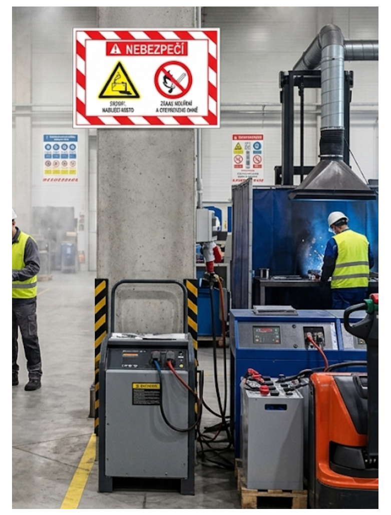 050104-1 | KRIŽAN - safetyshop Industrial workshop scene with warning signs on a concrete pillar, workers in hi-vis vests, and various machines in operation.
