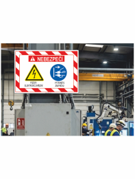 Industrial workshop with a large danger sign: 'NEBEZPECÍ' and symbols warning of electrical hazard and to unplug the plug two warnings read 'POZOR! ELEKTRICKÉ ZAŘÍZENÍ' and 'VYTÁHNĚTE ZÁSTRČKU'