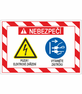 Warning sign: NEBEZPEČÍ for electrical equipment with a yellow high‑voltage triangle and a blue unplug icon; text instructs to unplug the plug (Czech).
