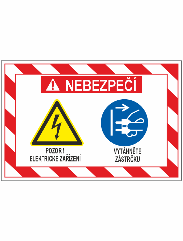 Warning sign: NEBEZPEČÍ for electrical equipment with a yellow high‑voltage triangle and a blue unplug icon; text instructs to unplug the plug (Czech).