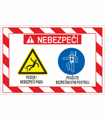 Nebezpečí: pozor na pád; levá ikonka znázorňuje pád, vpravo pokyn použít bezpečnostní postroj.