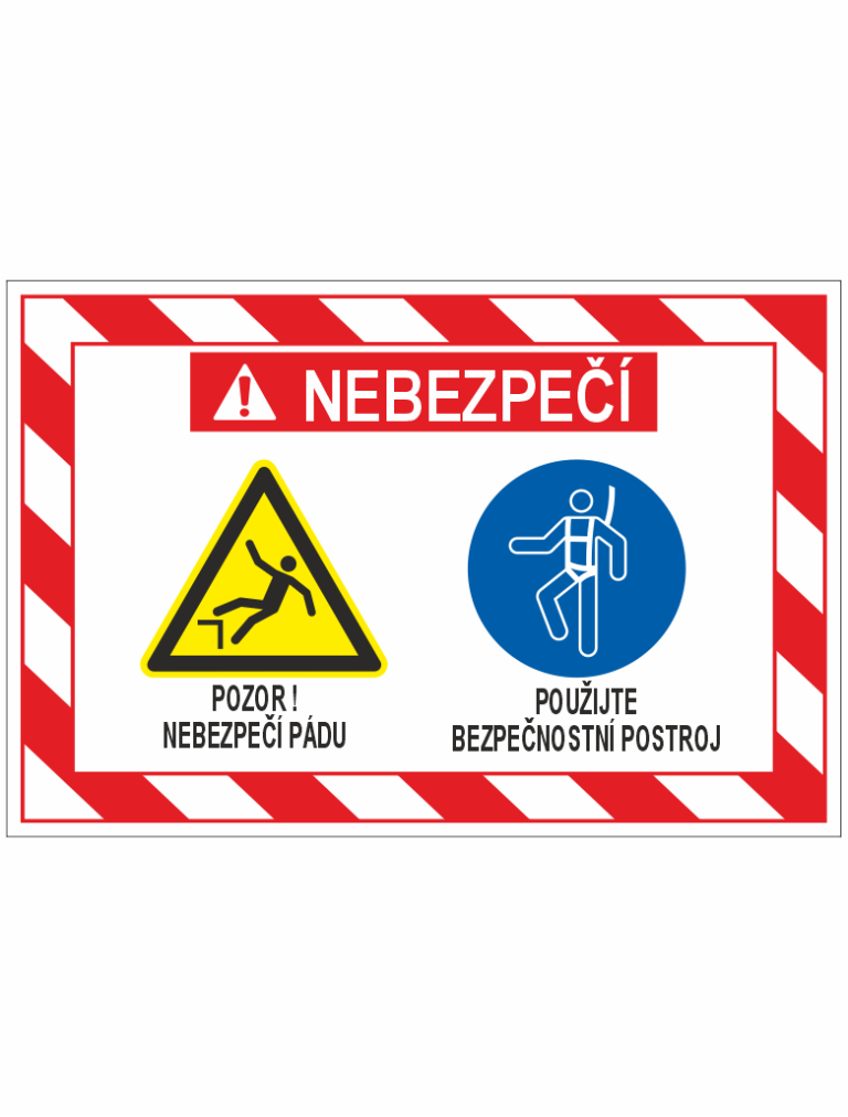 Nebezpečí: pozor na pád; levá ikonka znázorňuje pád, vpravo pokyn použít bezpečnostní postroj.