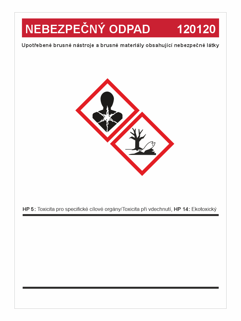 120120 | KRIŽAN - safetyshop Hazardous waste label with a red banner reading 'NEBEZPECNÝ ODPAD' and code 120120, plus Czech toxicity notes and warning pictograms in diamonds on white background.