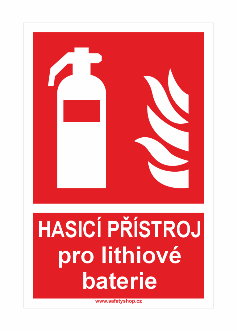Red safety sign showing a fire extinguisher and flames with Czech text 'HASÍCÍ PŘÍSTROJ pro lithiové baterie' (fire extinguisher for lithium batteries)