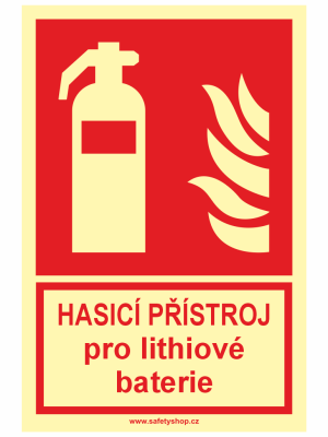 Fire extinguisher for lithium batteries – safety sign (Czech text: Hasiči přístroj pro lithiumové baterie)