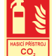 Fire extinguisher sign for CO2 (HASICÍ PŘÍSTROJ CO2) indicating location of a carbon dioxide fire extinguisher.