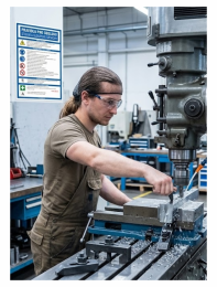 Machinist in safety goggles operates a drill press, clamping a metal block in a vise in a metalworking shop.