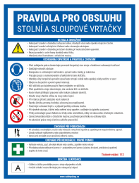 Safety poster in Czech detailing rules for operating table and column drills, listing risks, protective measures, PPE icons (ear/eye protection, gloves), first aid, maintenance, and the emergency number 112.