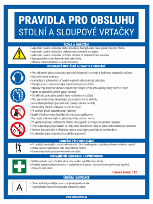 Safety poster in Czech detailing rules for operating table and column drills, listing risks, protective measures, PPE icons (ear/eye protection, gloves), first aid, maintenance, and the emergency number 112.