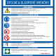 Safety poster in Czech detailing rules for operating table and column drills, listing risks, protective measures, PPE icons (ear/eye protection, gloves), first aid, maintenance, and the emergency number 112.