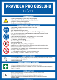 Poster in Czech titled 'PRAVIDLA PRO OBSLUHU FRÉZKY' outlining safety rules: risk warnings, protective measures, proper conduct, procedures during faults, first aid, and maintenance, with icons for eye/face protection, hearing protection, gloves, no jewelry, and general safety symbols. Includes sections 'RIZIKA A OHROŽENÍ', 'OCHRANNÁ OPATŘENÍ A PRAVIDLA CHOVÁNÍ', 'CHOVÁNÍ PŘI PORUCHÁCH', 'CHOVÁNÍ PŘI NEHODÁCH / PRVNÍ POMOC', 'ÚDRŽBA / LIKVIDACE' and the safety shop URL at the bottom.