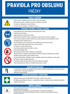 Poster in Czech titled 'PRAVIDLA PRO OBSLUHU FRÉZKY' outlining safety rules: risk warnings, protective measures, proper conduct, procedures during faults, first aid, and maintenance, with icons for eye/face protection, hearing protection, gloves, no jewelry, and general safety symbols. Includes sections 'RIZIKA A OHROŽENÍ', 'OCHRANNÁ OPATŘENÍ A PRAVIDLA CHOVÁNÍ', 'CHOVÁNÍ PŘI PORUCHÁCH', 'CHOVÁNÍ PŘI NEHODÁCH / PRVNÍ POMOC', 'ÚDRŽBA / LIKVIDACE' and the safety shop URL at the bottom.