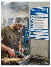 Worker in safety gear (hair net, goggles, apron) grinds a metal piece, sparks flying in a factory setting beside a blue safety sign.