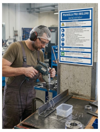 Worker in safety gear drills metal piece on a workbench in a machine shop.