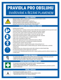 Česká bezpečnostní tabule s pravidly pro obsluhu svařování plamenem: rizika, ochranná opatření, poruchy, nehody a údržba.