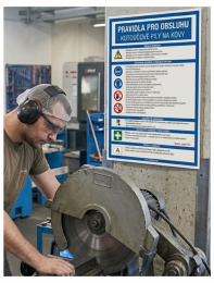 Worker wearing earmuffs and a mesh cap operating a metal-cutting circular saw in a workshop; safety poster on the wall behind him.