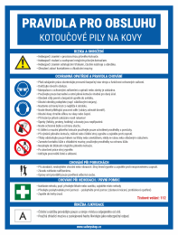 Informational poster in Czech detailing safety rules for operating a metal cut-off saw, including risks, PPE, maintenance, and emergency numbers.