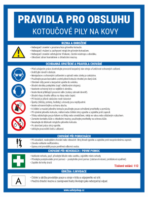 Informational poster in Czech detailing safety rules for operating a metal cut-off saw, including risks, PPE, maintenance, and emergency numbers.
