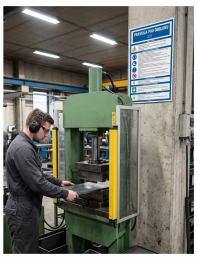 Factory worker wearing ear protection operating a green hydraulic press with a metal workpiece clamped on the die.