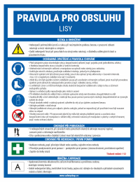 Informational safety poster in Czech outlining risks, protective measures and rules for operating a machine, with blue borders and icons.