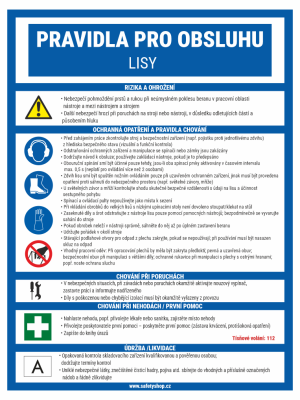 Informational safety poster in Czech outlining risks, protective measures and rules for operating a machine, with blue borders and icons.