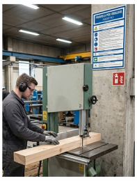Worker in safety gear uses a vertical bandsaw to cut a wooden beam in a factory workshop.