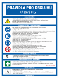 Poster in Czech: safety rules for operating a band saw, with sections on risks, PPE, procedures and emergency contacts.
