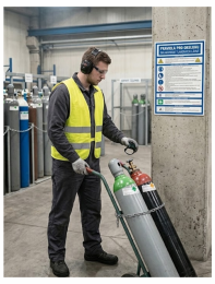 Worker in a yellow safety vest and ear protection moves gas cylinders on a trolley in an industrial facility, inspecting the setup.