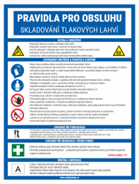 Český bezpečnostní plakát s pravidly obsluhy a skladování tlakových lahví, včetně rizik, ochranných opatření a nouzového čísla 112 (ikony a texty).