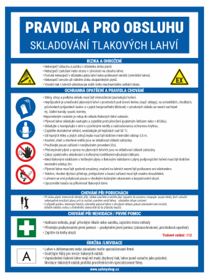 Český bezpečnostní plakát s pravidly obsluhy a skladování tlakových lahví, včetně rizik, ochranných opatření a nouzového čísla 112 (ikony a texty).