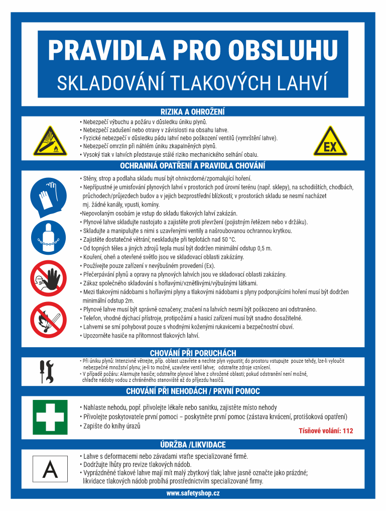 291008 | KRIŽAN - safetyshop Český bezpečnostní plakát s pravidly obsluhy a skladování tlakových lahví, včetně rizik, ochranných opatření a nouzového čísla 112 (ikony a texty).