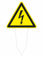 Warning sign for high voltage: yellow triangle with black border and lightning bolt on a stake.