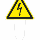 Warning sign for high voltage: yellow triangle with black border and lightning bolt on a stake.
