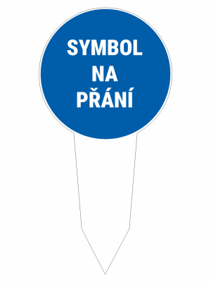 Blue circular sign reading 'SYMBOL NA PŘÁNÍ' mounted on a white stake, indicating a symbol is available on request