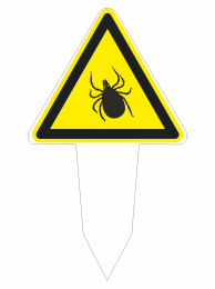 Yellow triangular warning sign with a black spider silhouette on a stake.